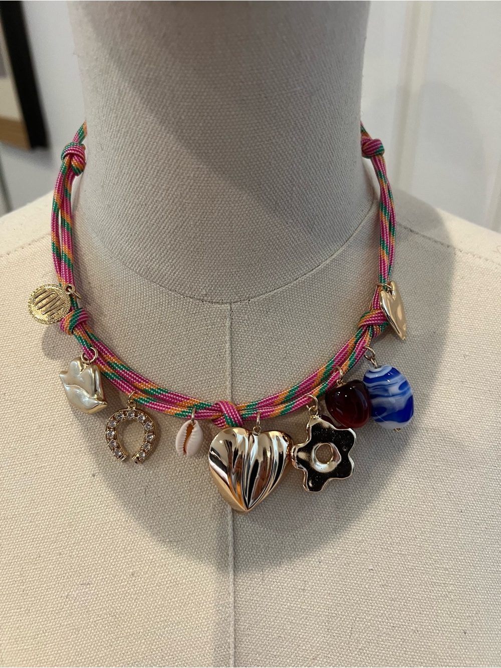 Anthropologie Pink Multi-Color Cord Charm Necklace with Gold Heart